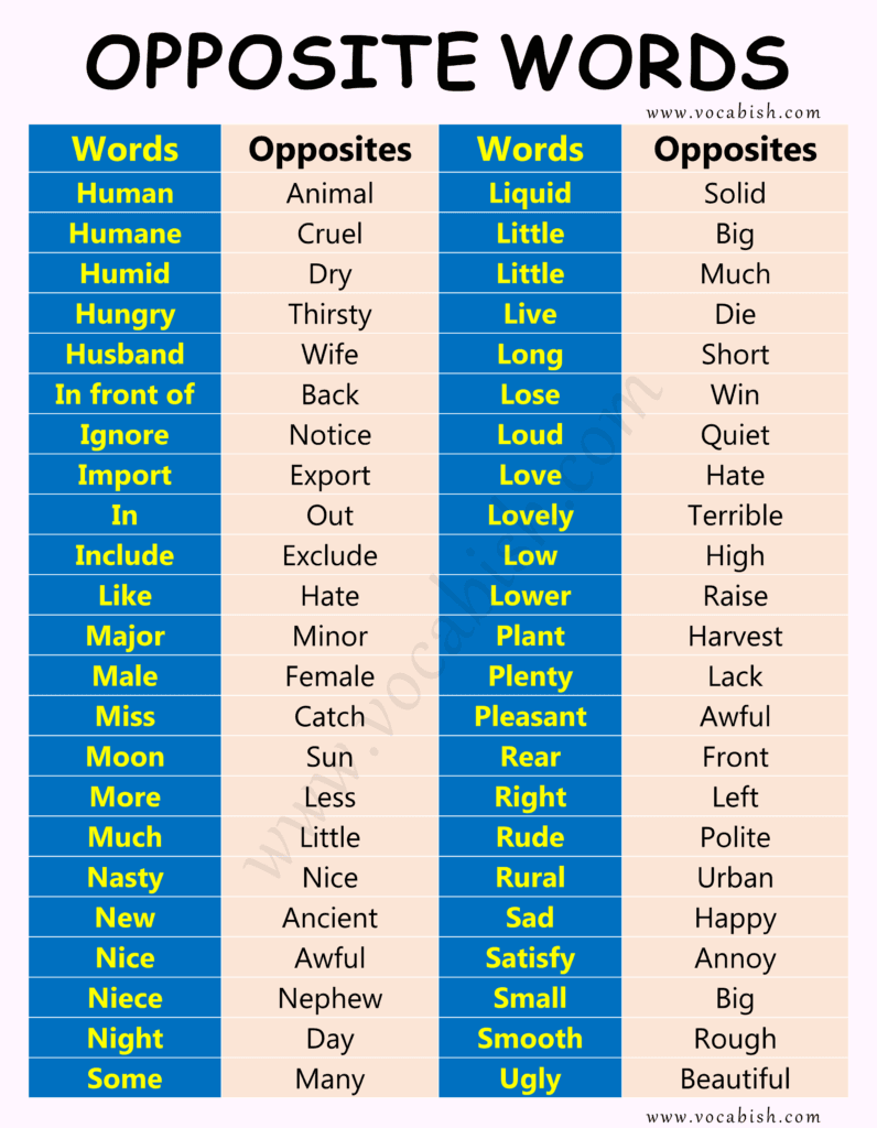 Opposite Words Examples PDF