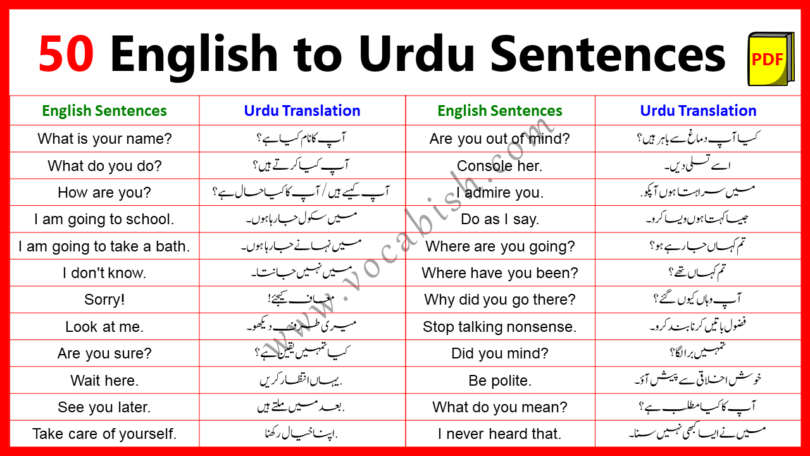 50 Most Common English to Urdu Sentences