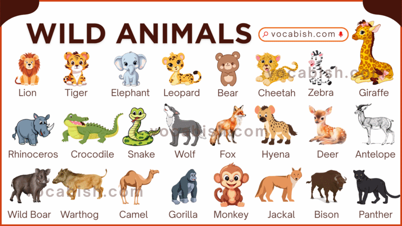 A comprehensive list of 30 plus wild animal names with pictures for English students and biology learners.