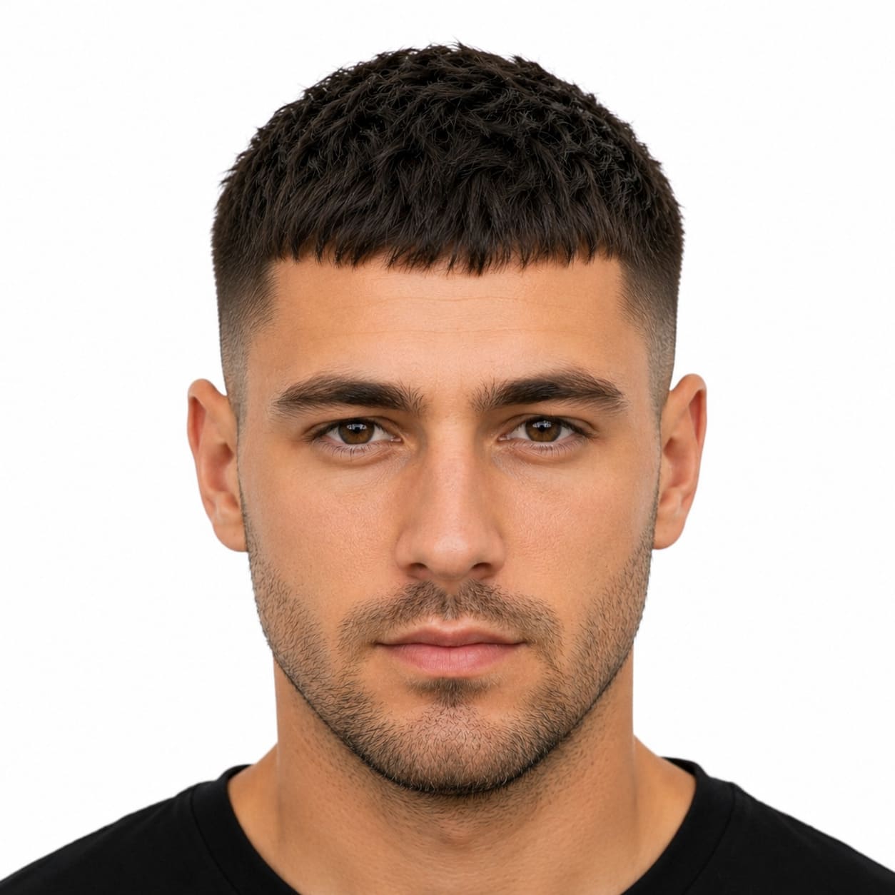 Caesar haircut with natural stubble