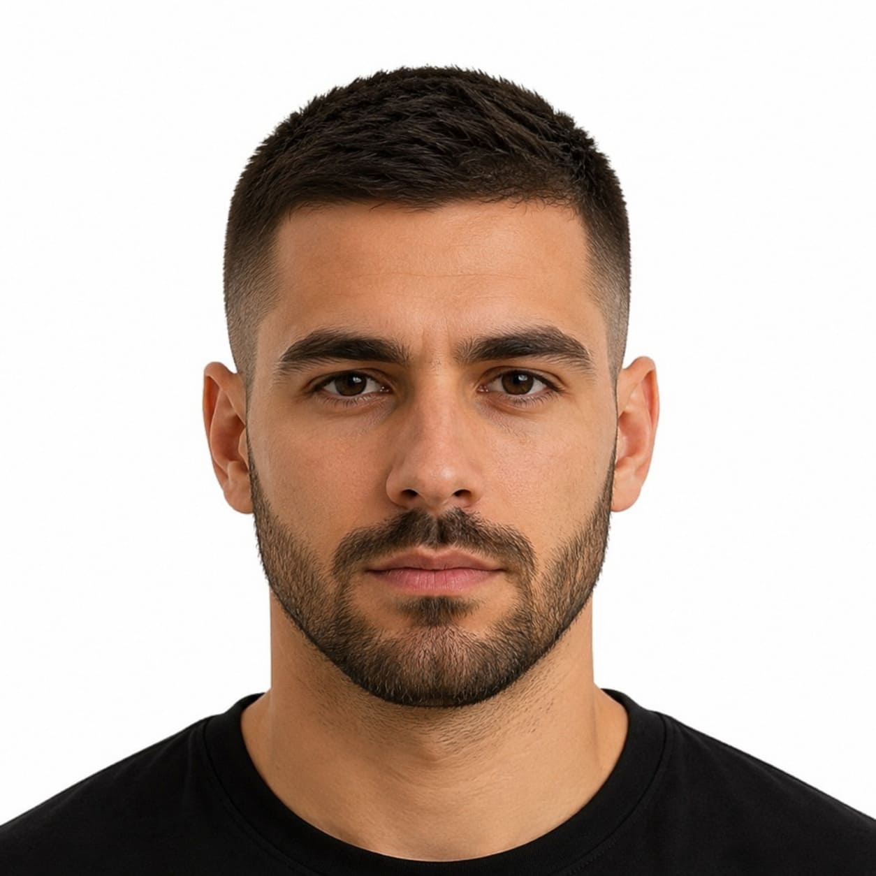 Crew cut with neat boxed beard