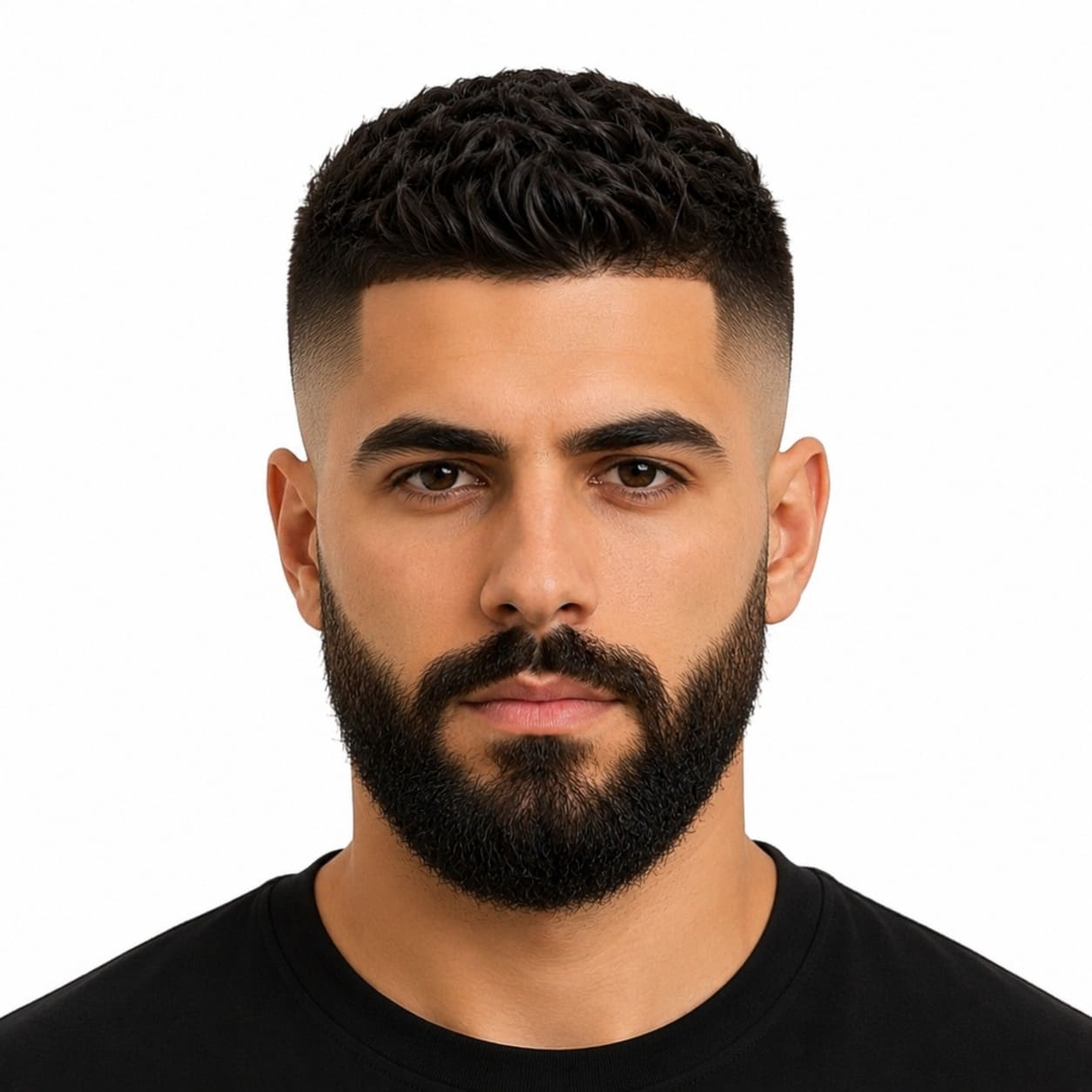 Fade haircut paired with full beard