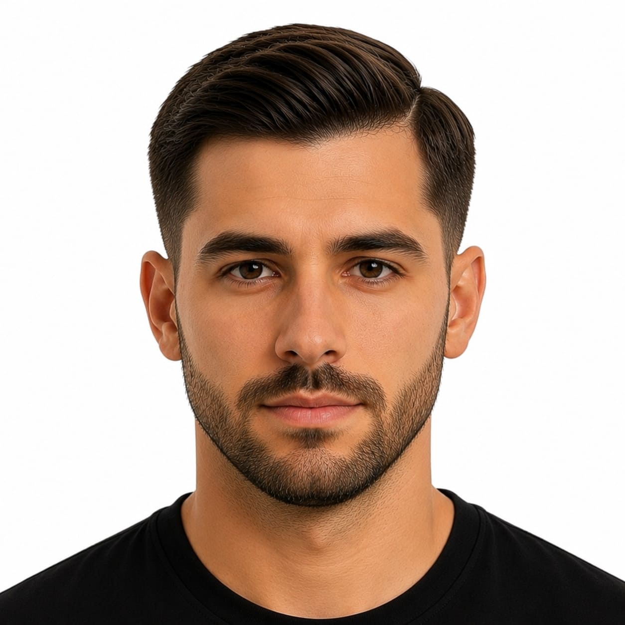 Side-part hairstyle with trimmed beard