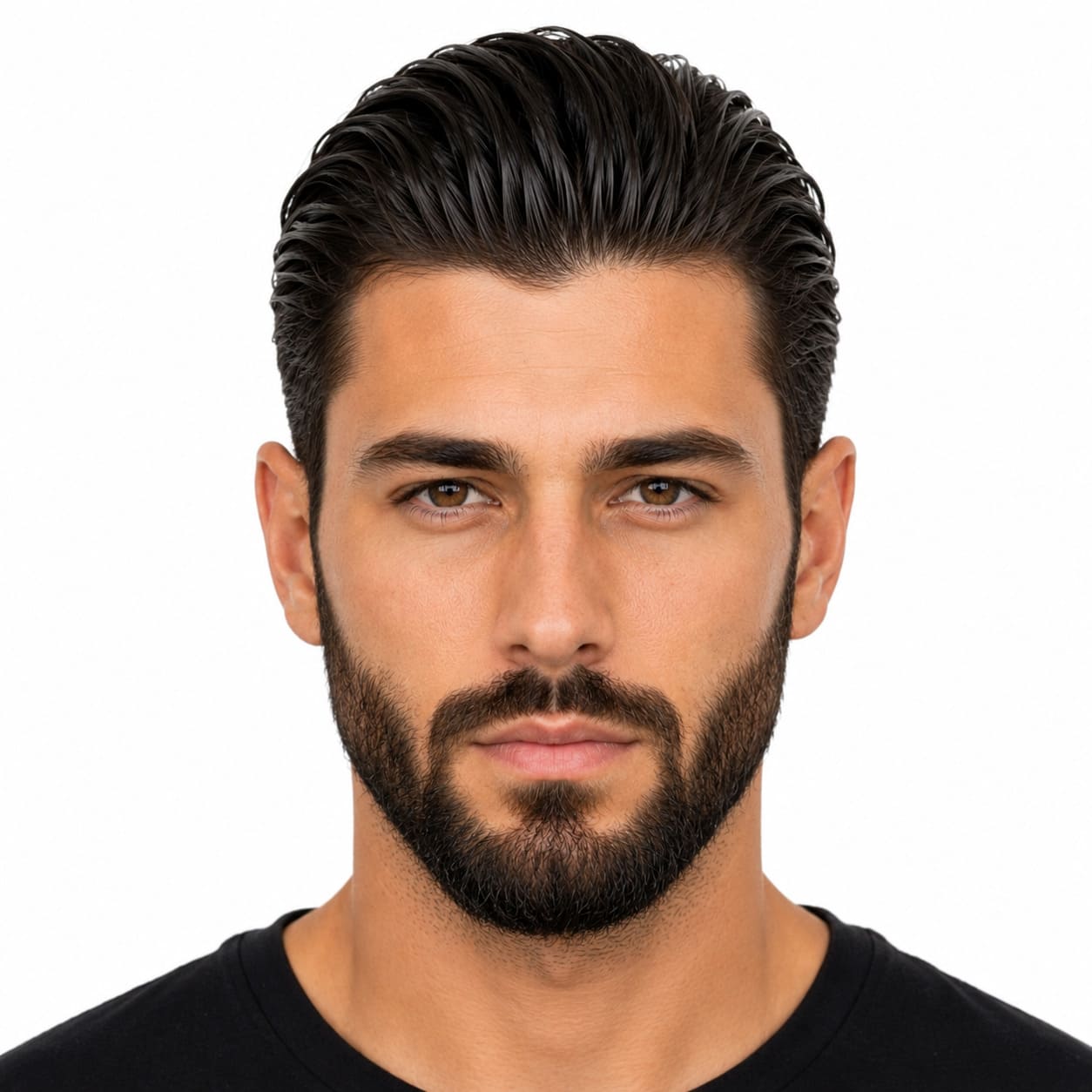 Slicked-back hair with groomed beard