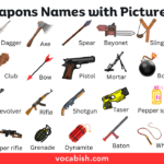 Simple list of weapon names in English with pictures for vocabulary learning.