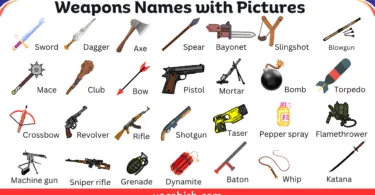 Simple list of weapon names in English with pictures for vocabulary learning.