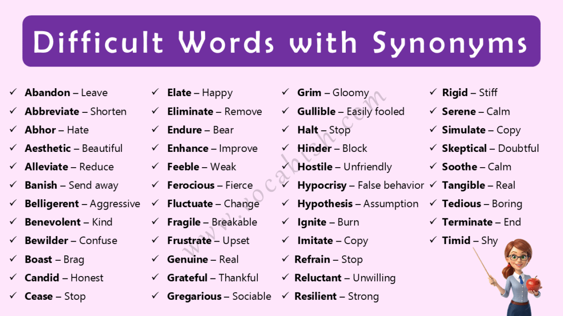 Difficult Words with Synonyms in English