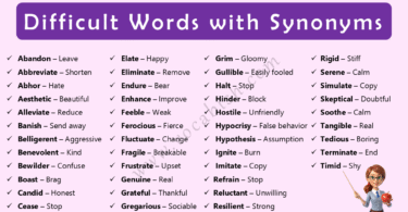 Difficult Words with Synonyms in English