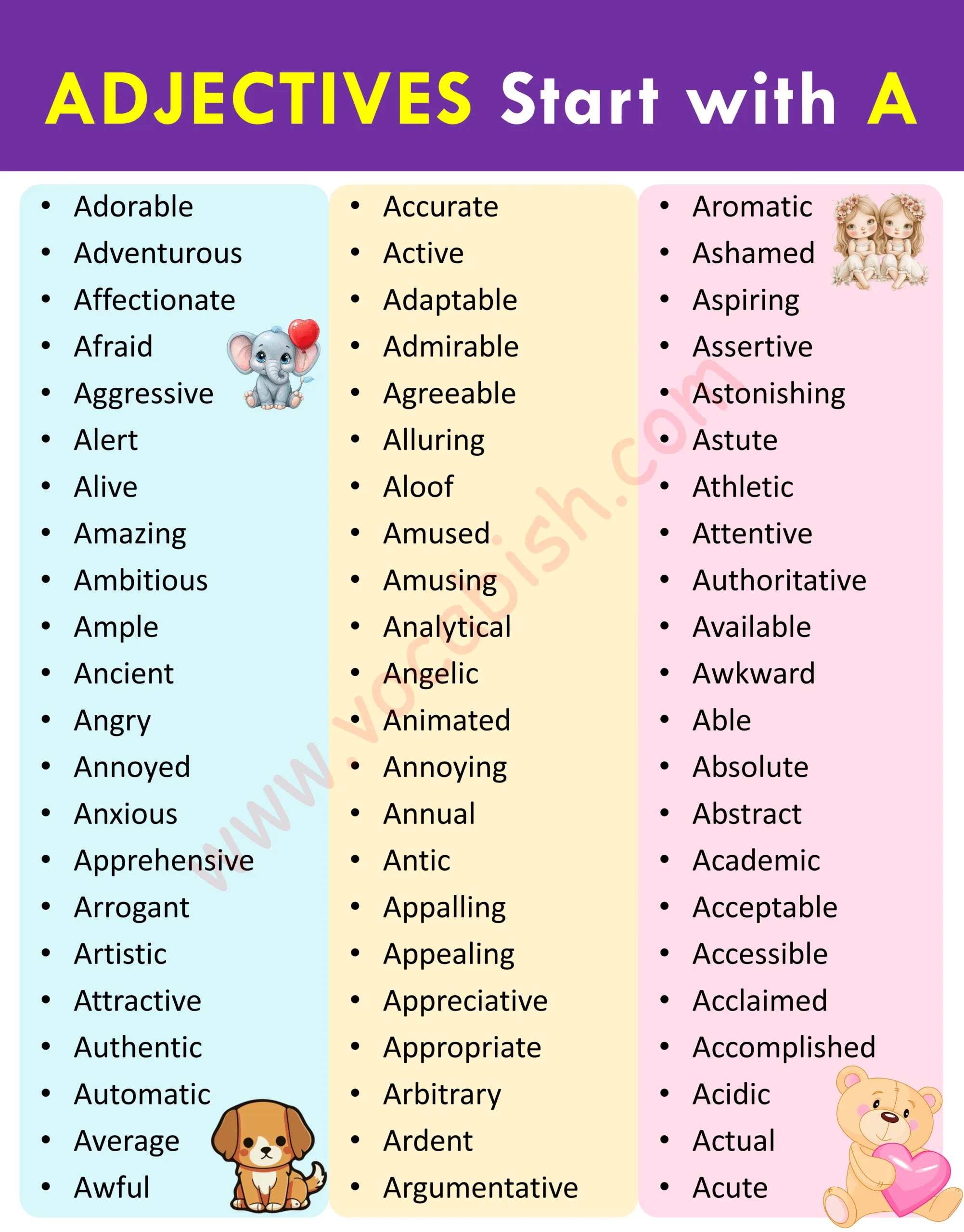 Complete List of Adjectives that Start with A
