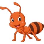Ant: Cartoon orange ant with six legs, large eyes, and a striped abdomen.