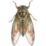 Cicada: Brown cicada with transparent wings displayed from above.