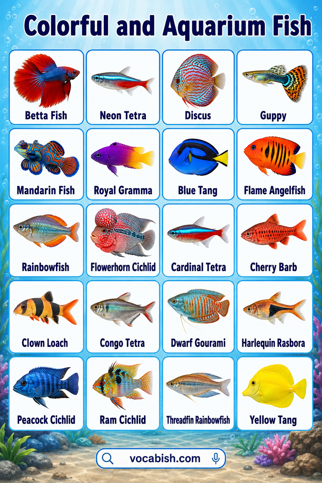 Colorful aquarium fish identification chart