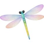 Dragonfly: Pastel-colored dragonfly with four translucent wings spread open.