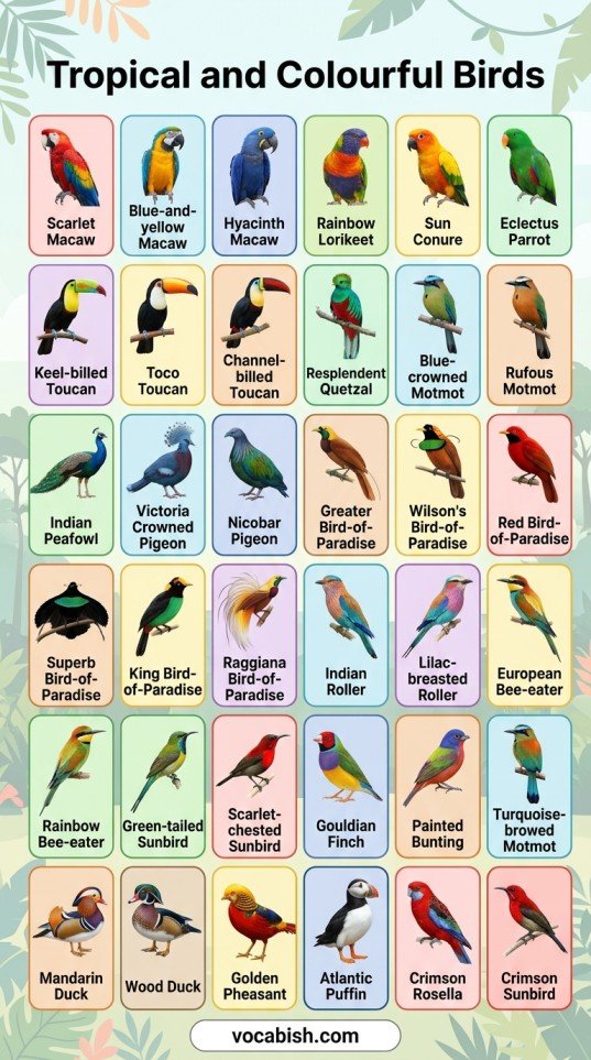 Types of Birds: Names in English with Pictures and PDF