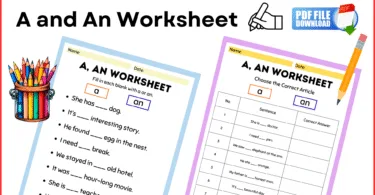 Articles worksheet for English learners covering "a" and "an" usage rules with answer key for ESL students.