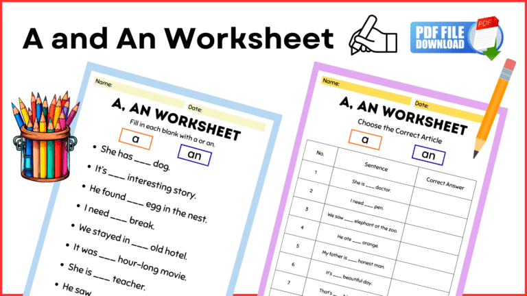 Articles worksheet for English learners covering "a" and "an" usage rules with answer key for ESL students.