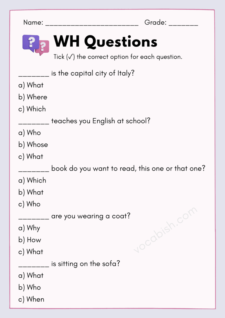 WH Questions Worksheet with Answers and Free PDF | Vocabish