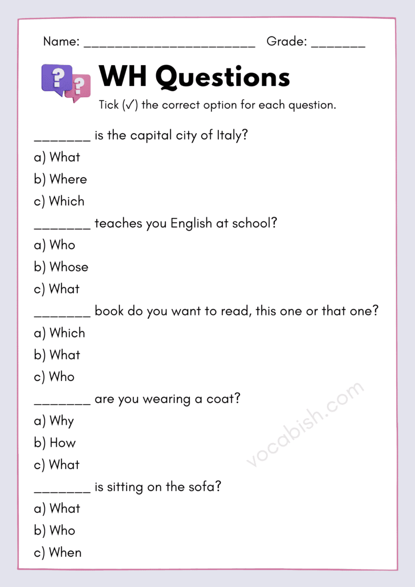 WH Questions Worksheet with Answers and Free PDF | Vocabish