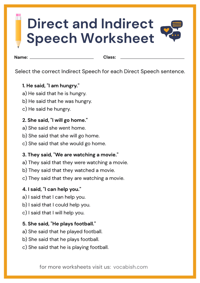 Direct and Indirect Speech Worksheet with Free PDF | Vocabish