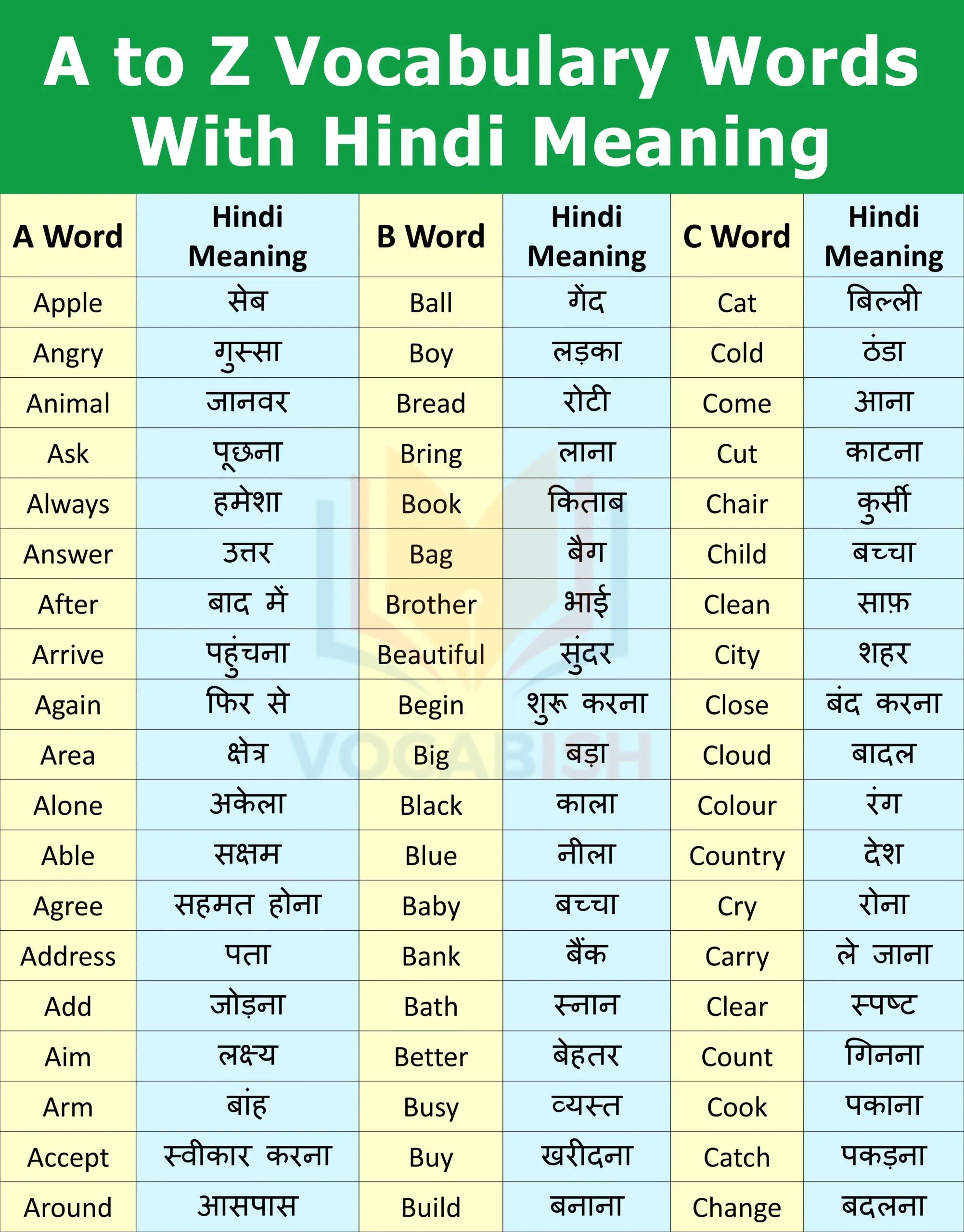 English Vocabulary Words With Hindi
