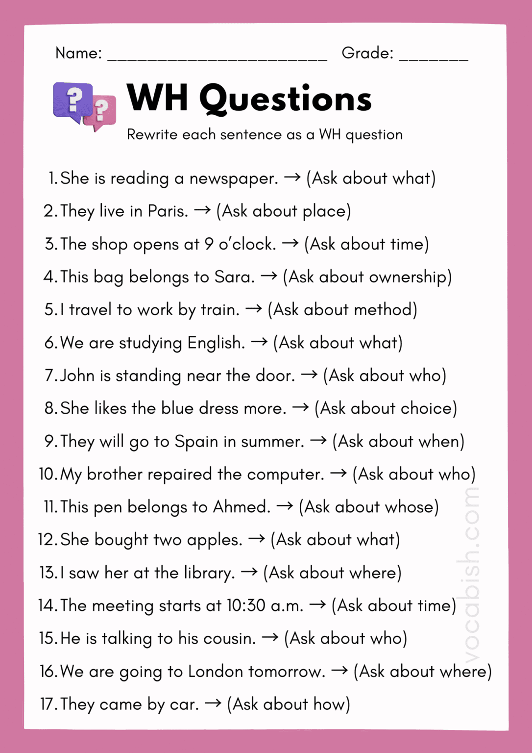 WH Questions Worksheet with Answers and Free PDF | Vocabish