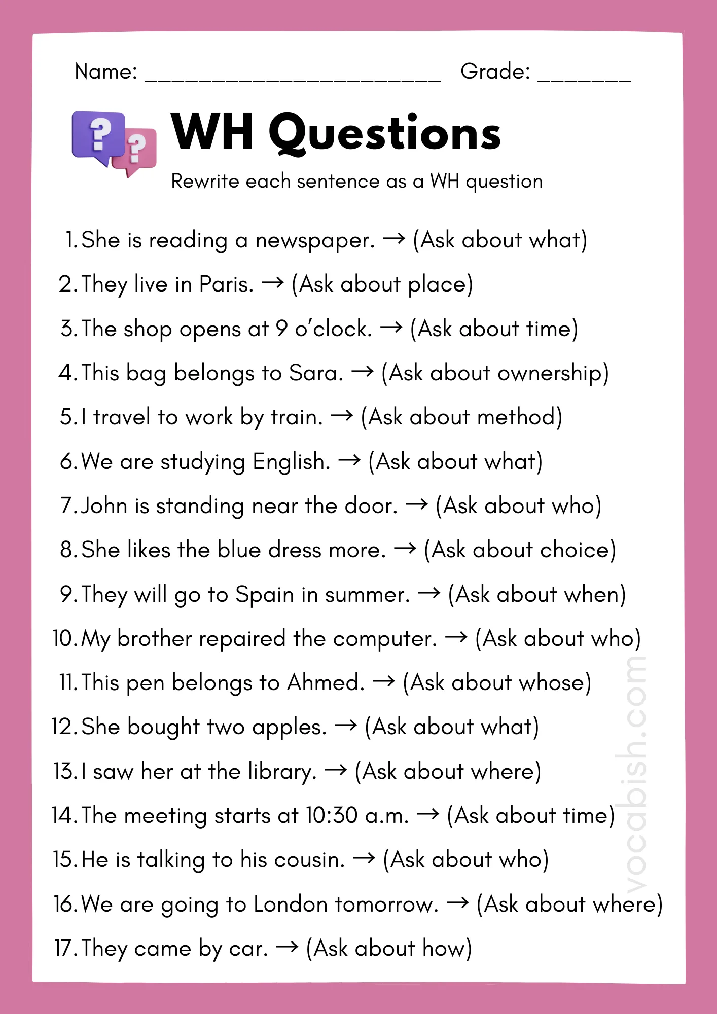 worksheets on wh questions