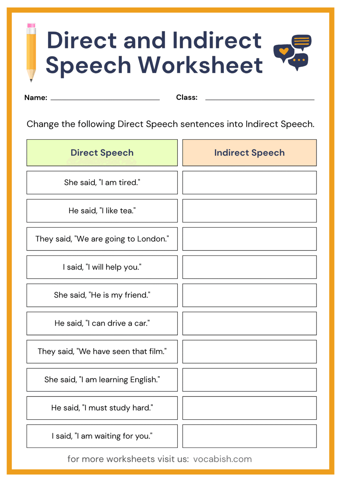 Direct and Indirect Speech Worksheet with Free PDF | Vocabish