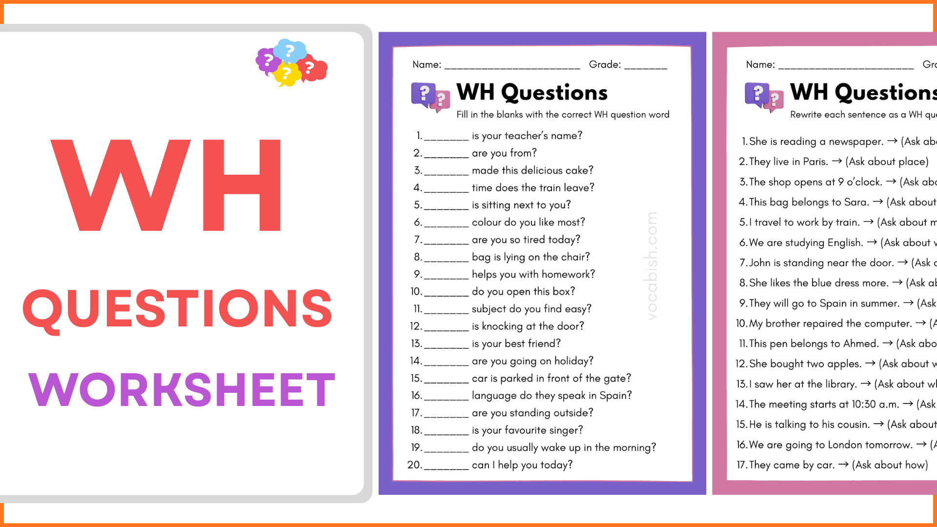WH Questions Worksheet with Answers and Free PDF
