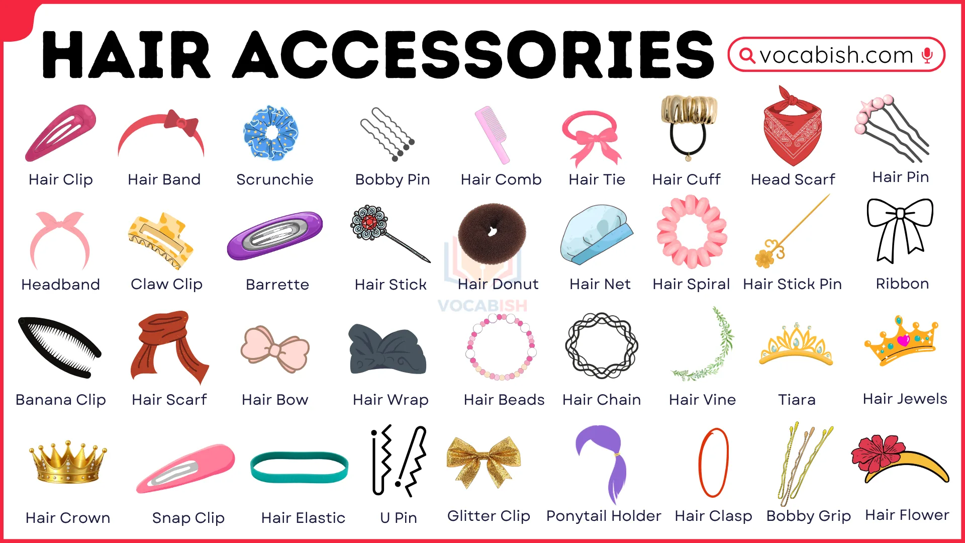 A comprehensive visual guide showing 50+ hair accessories with names and usage tips for students and fashion enthusiasts.