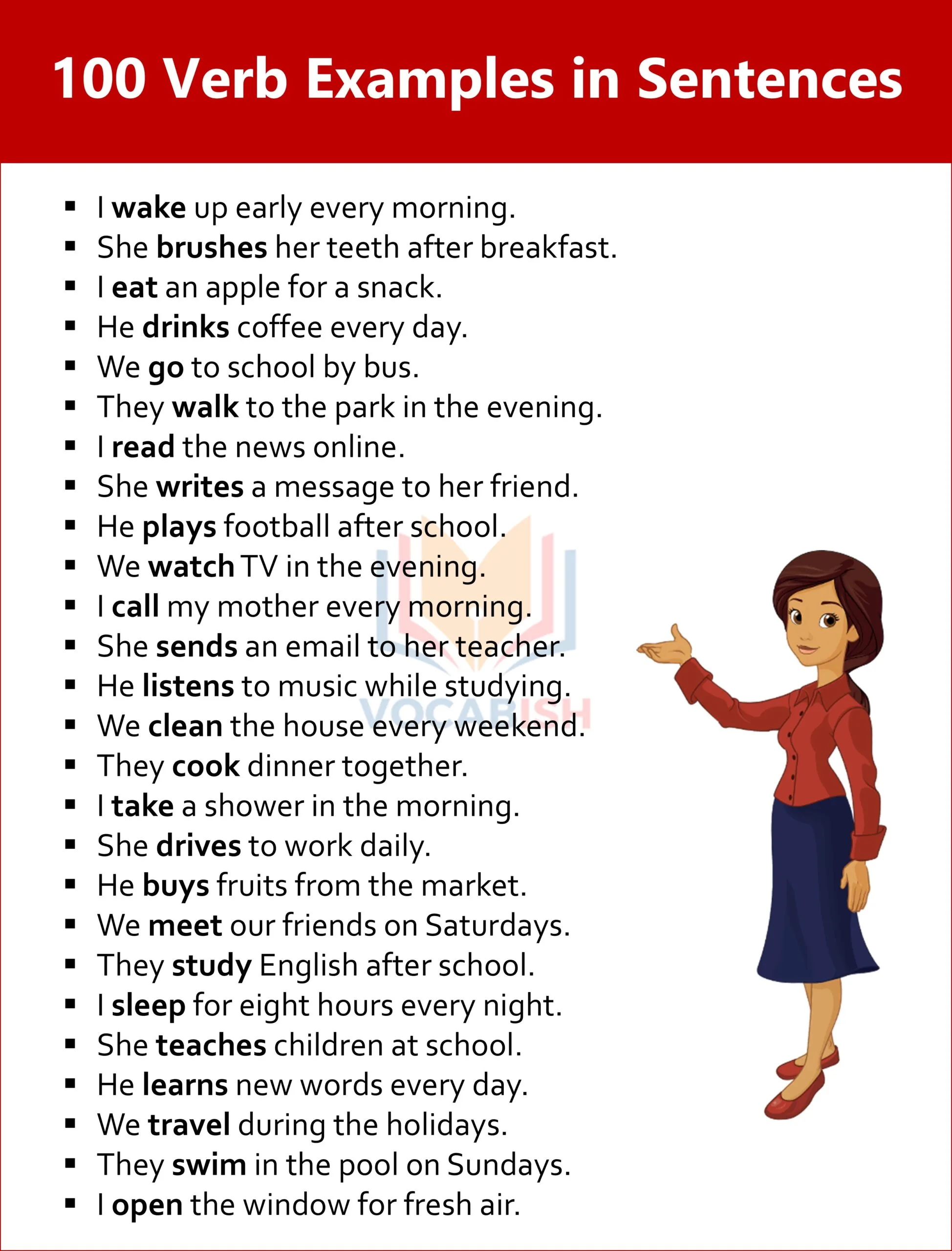 100 Verb Examples in Sentences