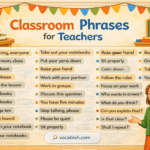 A categorized list of professional English phrases for teachers, including sections for beginning a lesson, giving instructions, and providing student feedback.