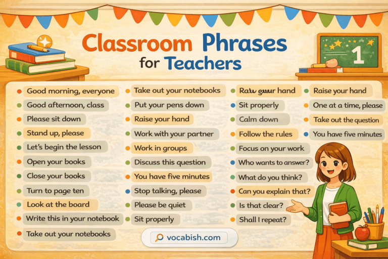 A categorized list of professional English phrases for teachers, including sections for beginning a lesson, giving instructions, and providing student feedback.