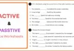 A detailed grammar worksheet showing the conversion of sentences from active voice to passive voice across different tenses.