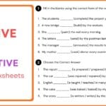 A detailed grammar worksheet showing the conversion of sentences from active voice to passive voice across different tenses.