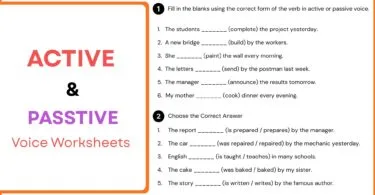 A detailed grammar worksheet showing the conversion of sentences from active voice to passive voice across different tenses.