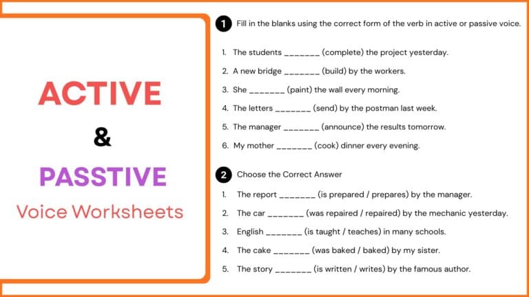 A detailed grammar worksheet showing the conversion of sentences from active voice to passive voice across different tenses.