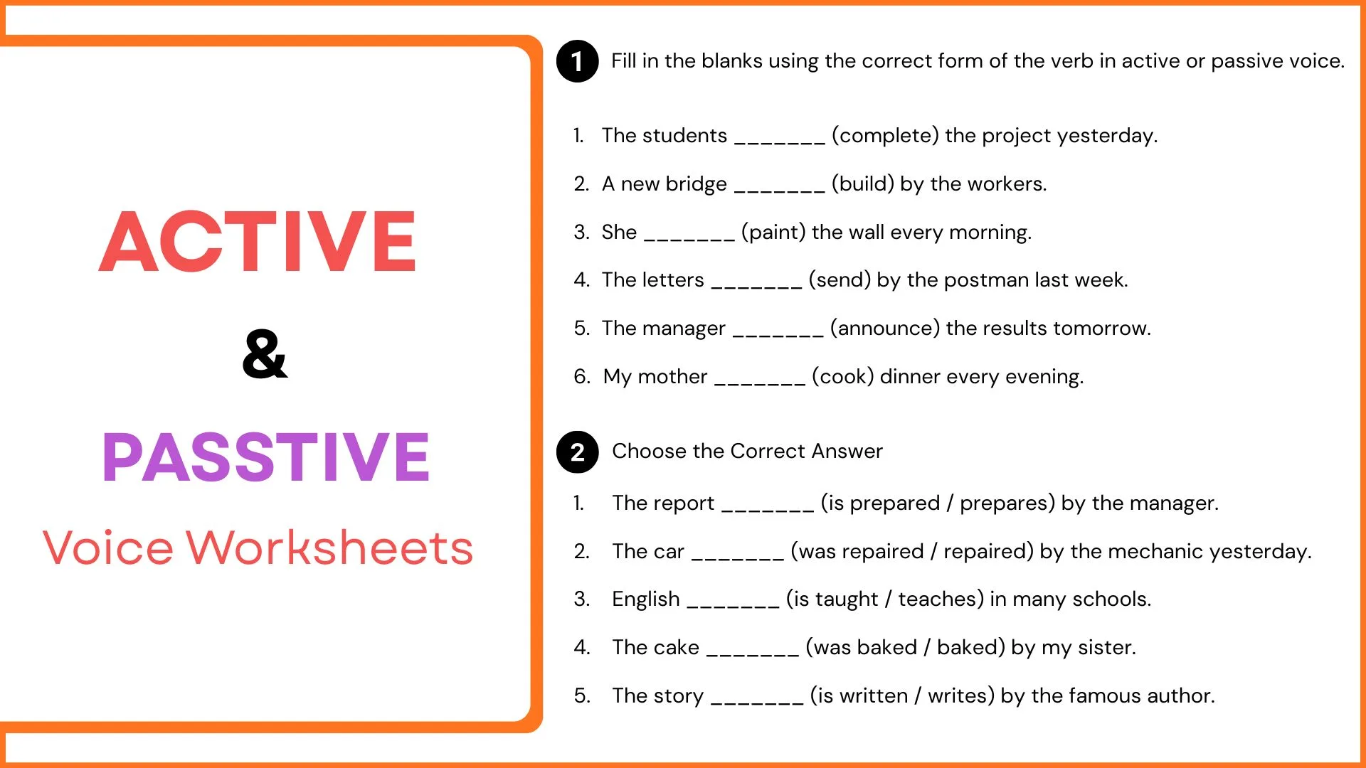 A detailed grammar worksheet showing the conversion of sentences from active voice to passive voice across different tenses.