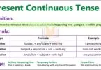 Present continuous tense formula, examples, and exercises for ESL students and grammar practice.