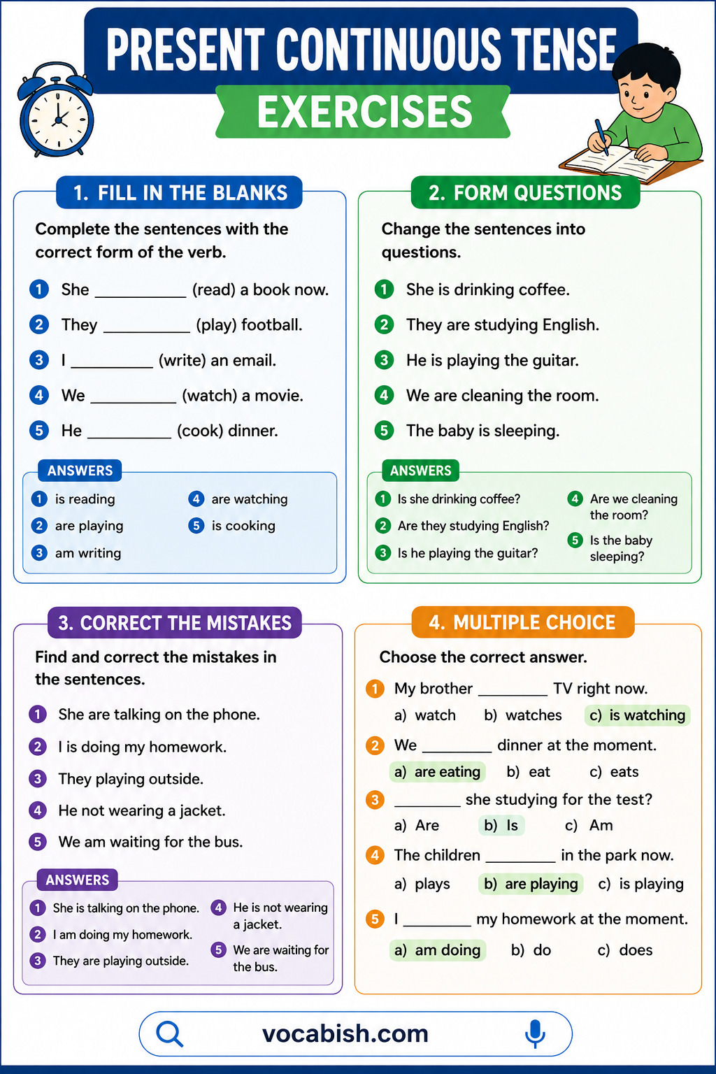 Present Continuous Tense exercises infographic with fill in the blanks, question formation, mistake correction, and multiple choice answers for ESL learners.