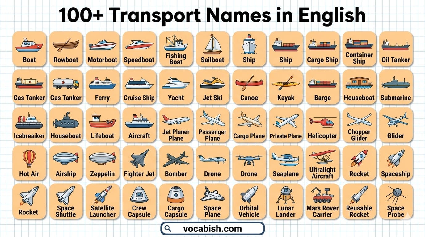 100+ Transport Names in English | A to Z List of Transport