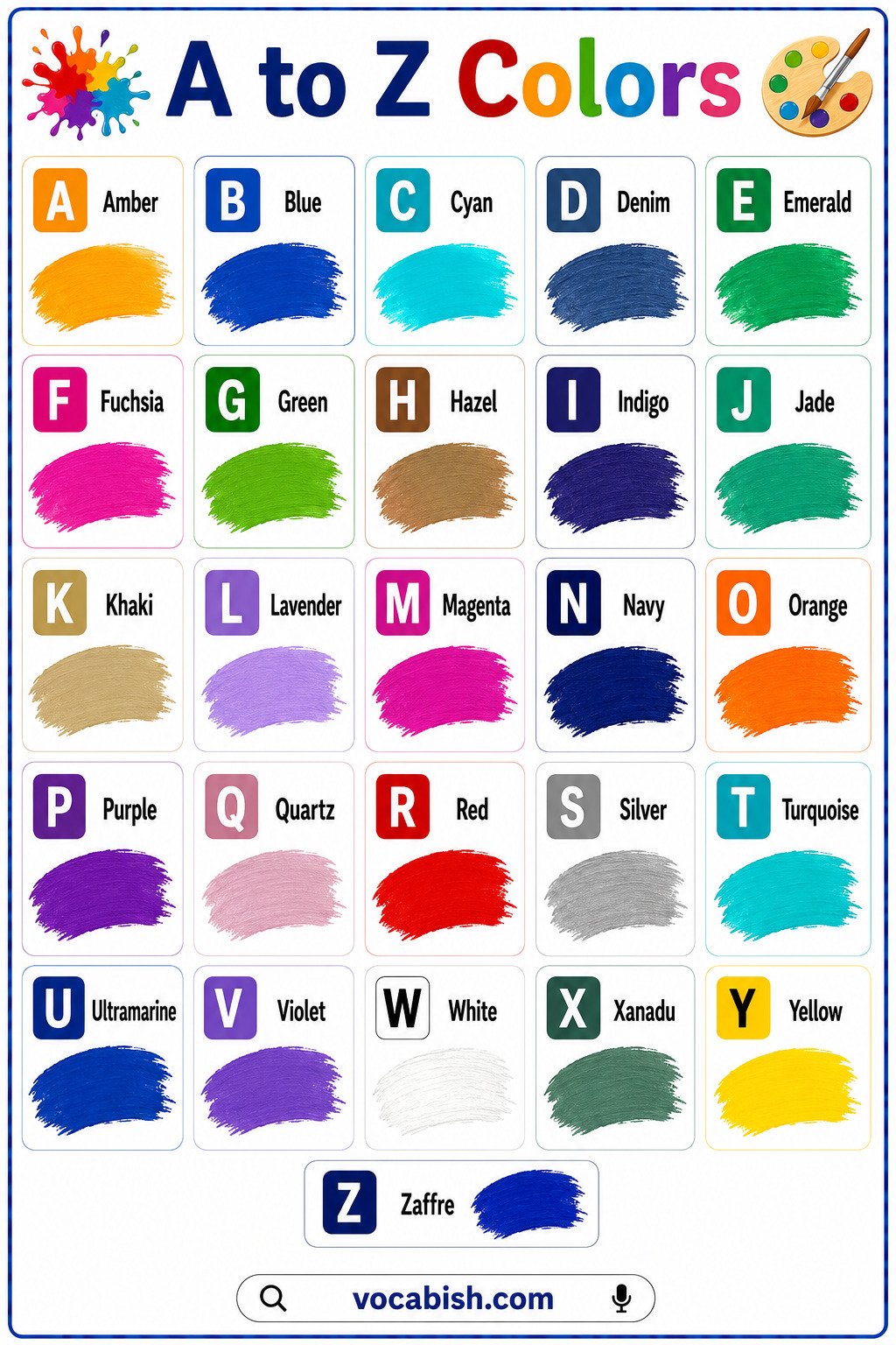 A to Z Colors Chart with Colors and PDF