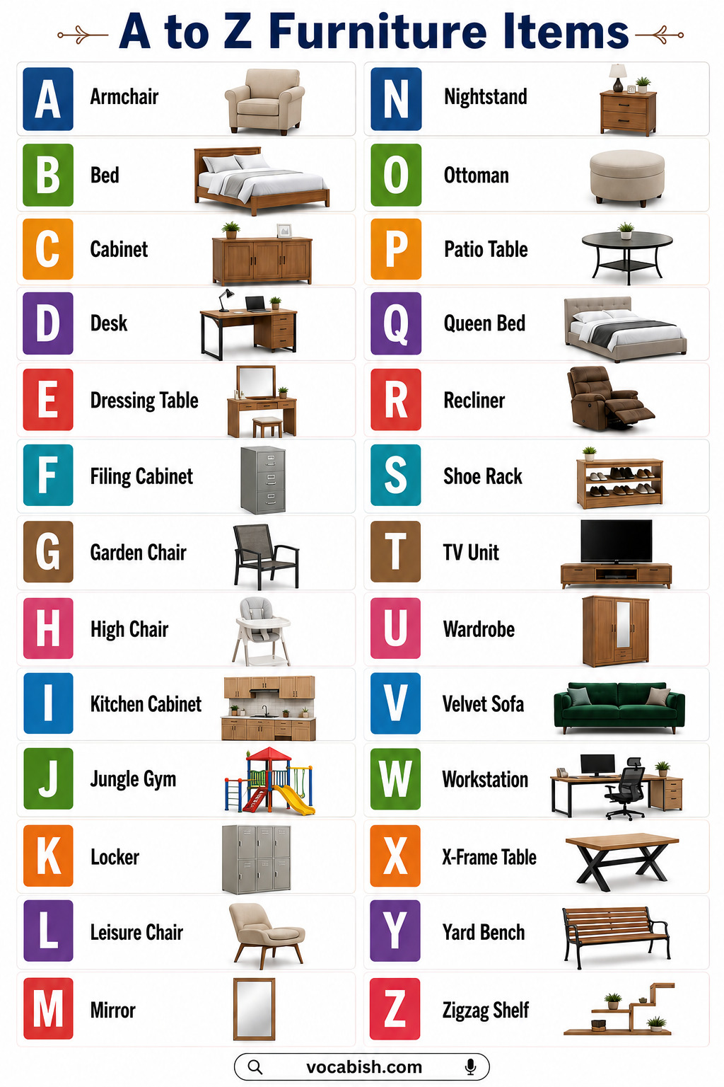 Furniture Item Name that start A to Z with Pictures