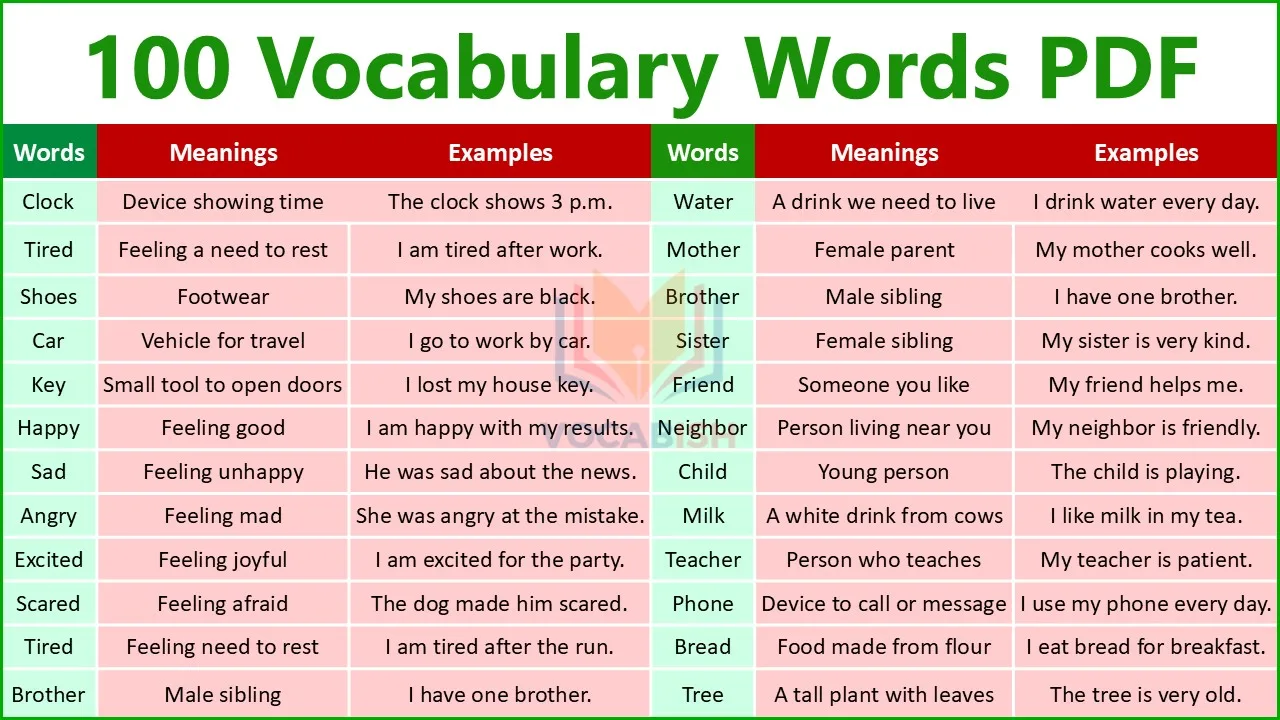 100 English Words Meanings PDF