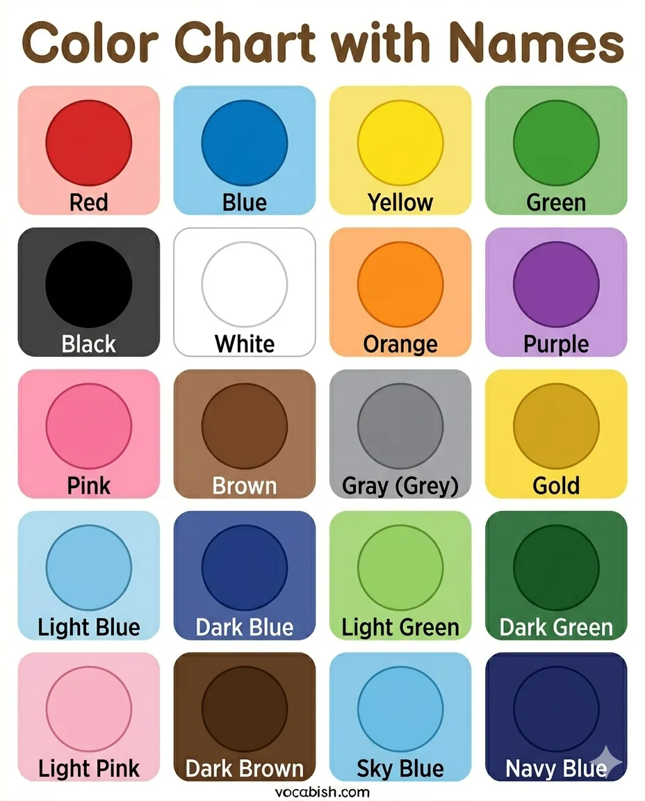 30 Color Chart with Names in English