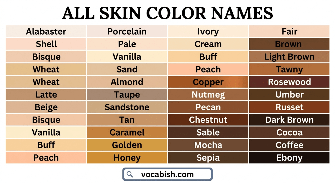 List of All Skin Color Names in English with Chart