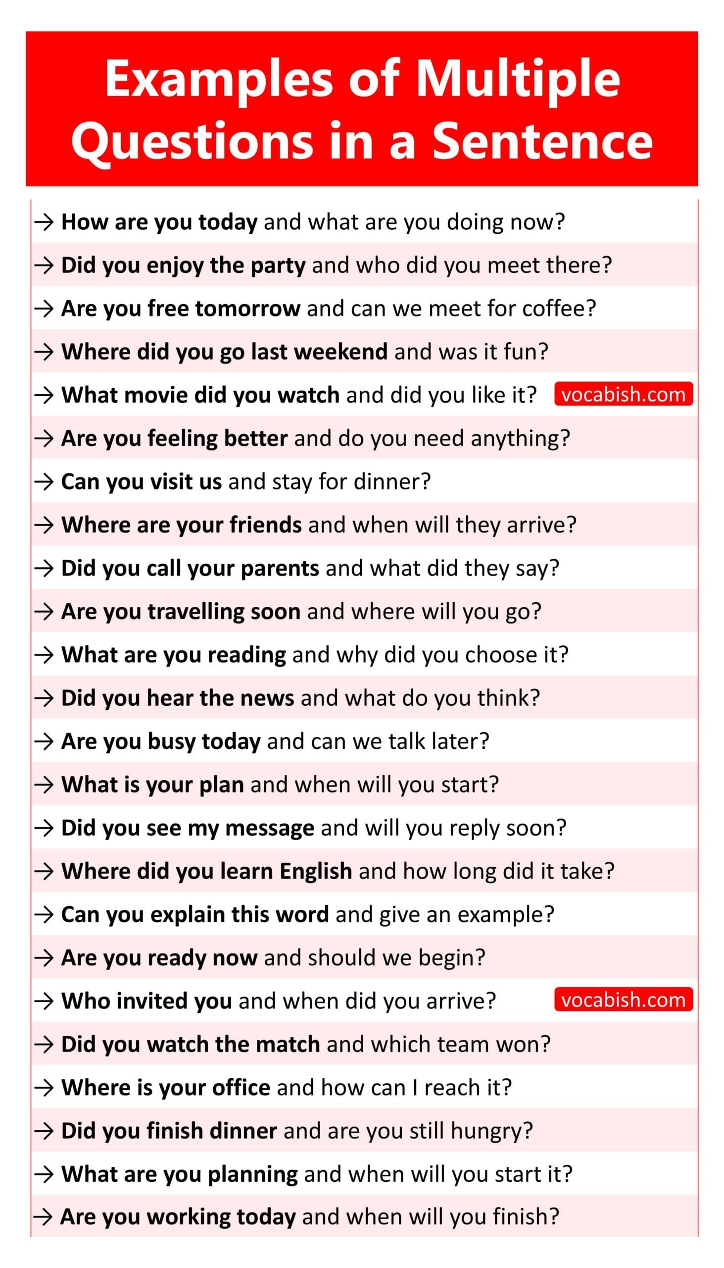 Multiple Question Table 100 Examples of Multiple Questions in a Sentence | Vocabish