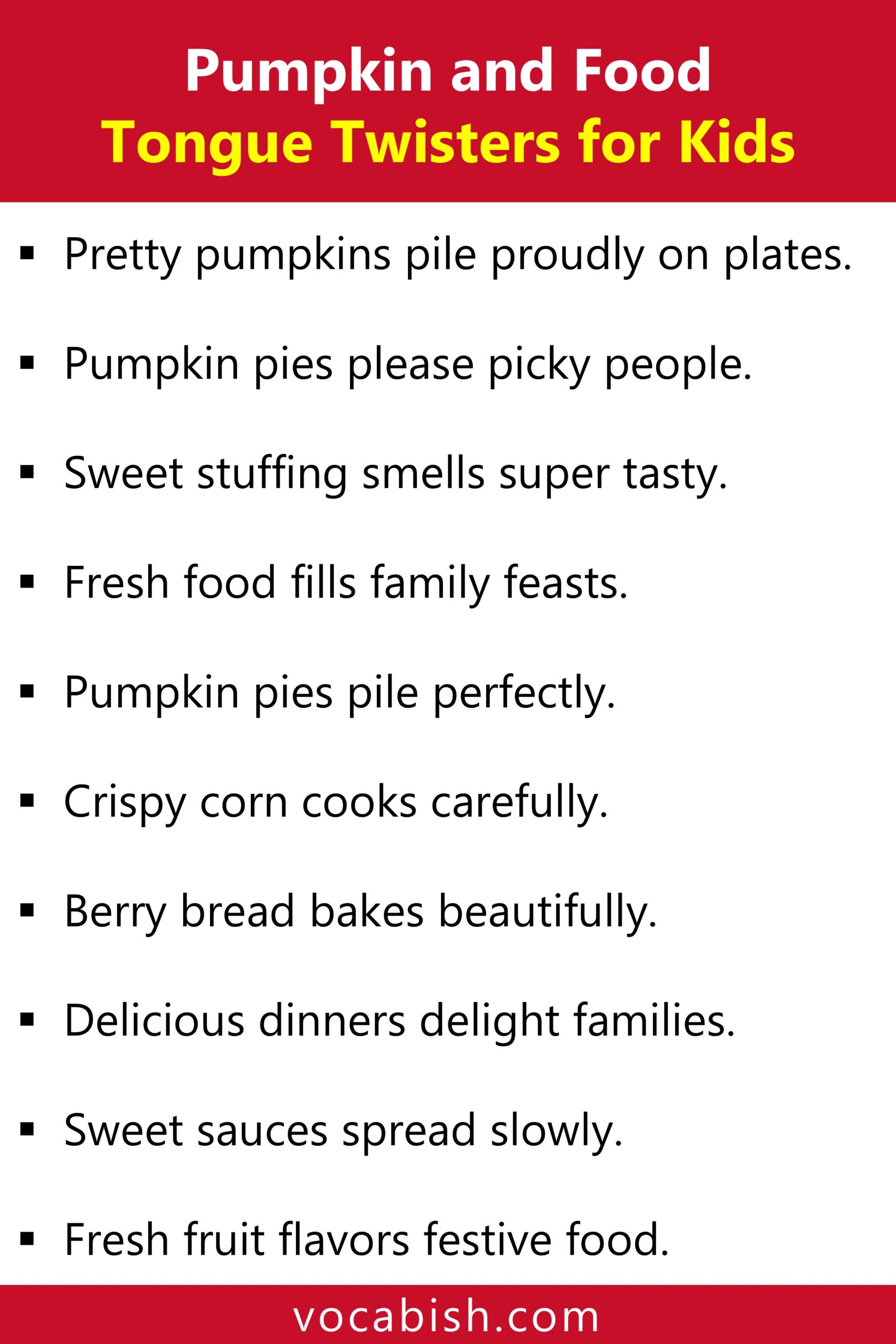 Pumpkin and Food Tongue Twisters for Kids in English with PDF