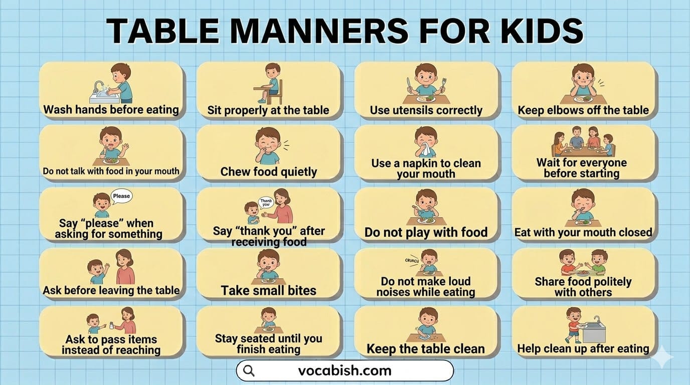 Table Manners for Kids with Meanings and Examples