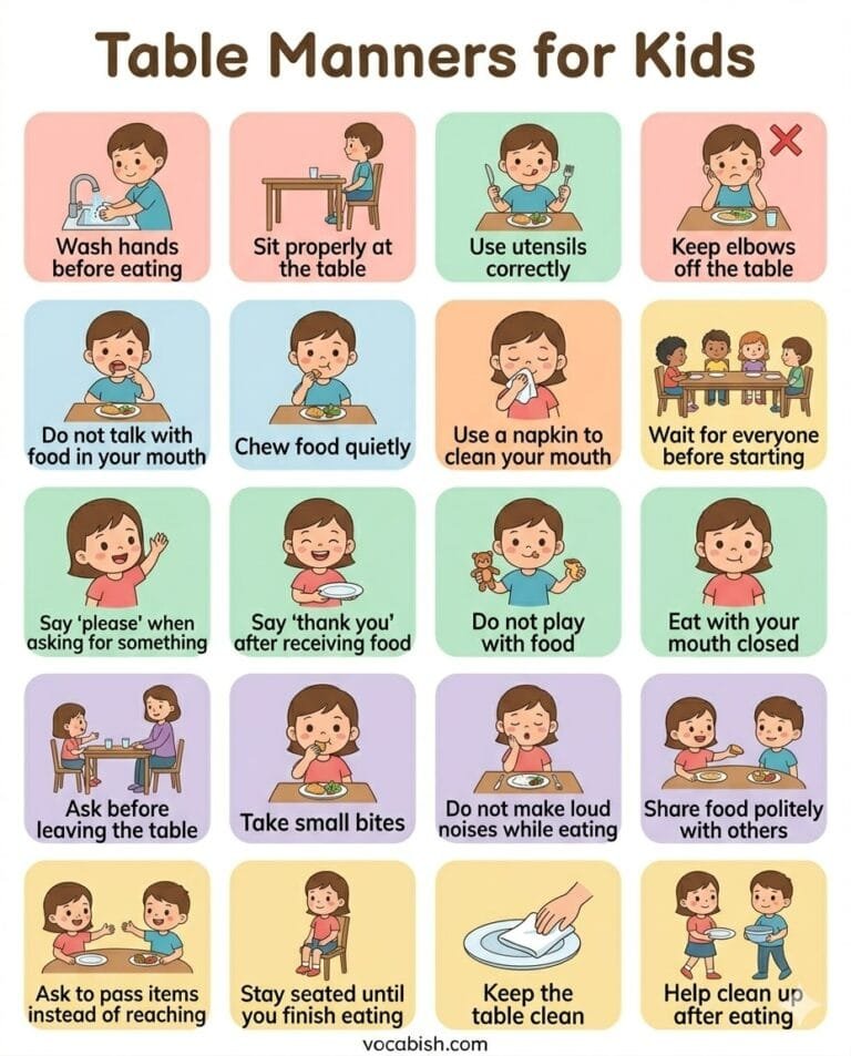 Table Manners for Kids: Learn Good Eating Habits | Vocabish