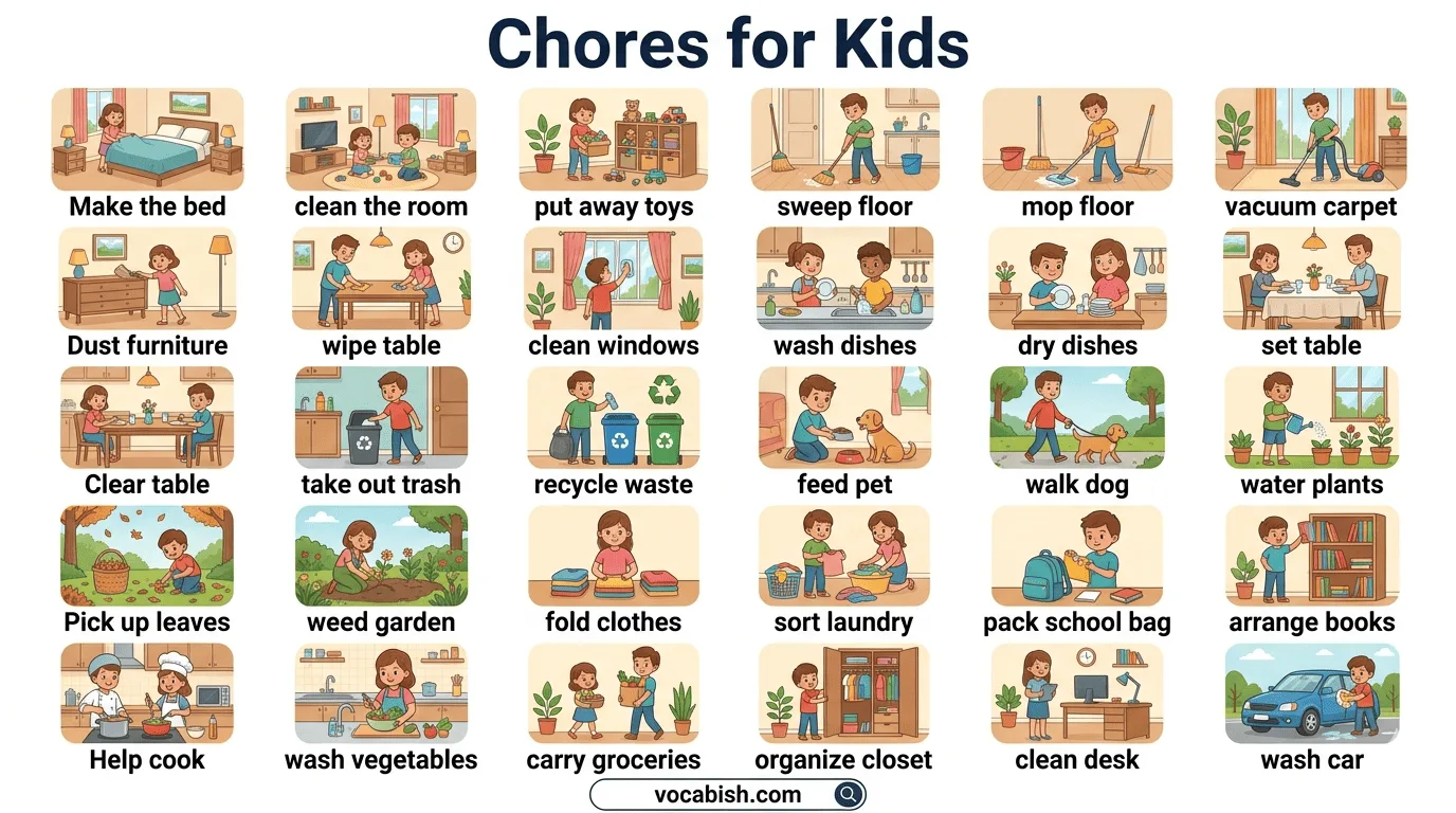 Chores for Kids in English with Definitions and Chart